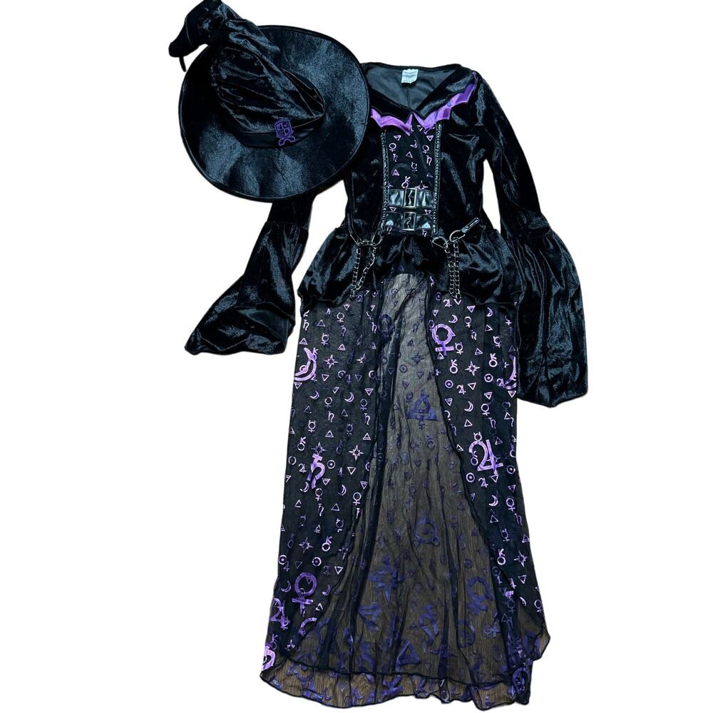 Spirit Halloween Girls Black Velvet Purple Witch Costume Hat Kids Size Large
